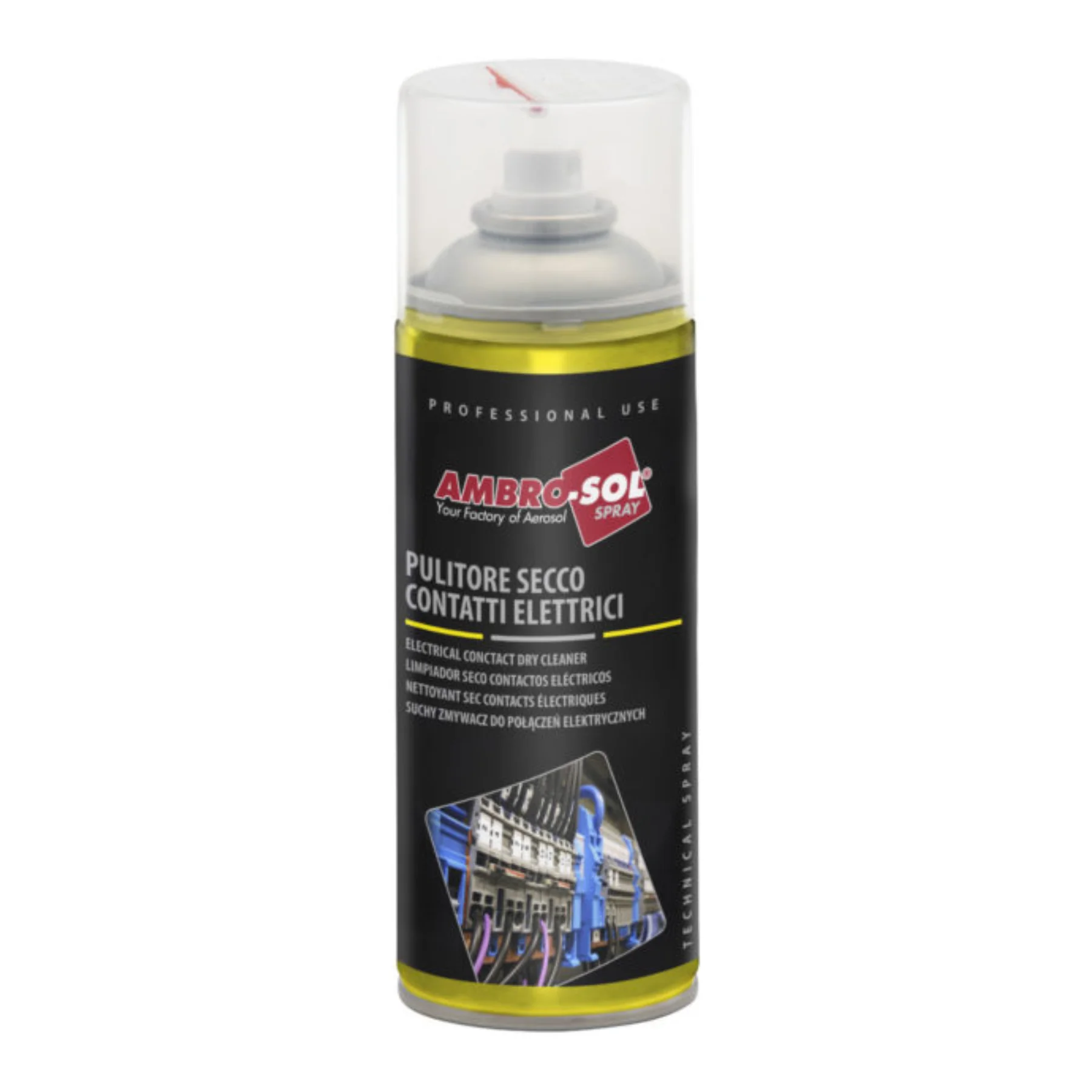AMBRO-SOL LIMPIADOR DE CONTACTO SECO | 400 ML Imagen de AMBRO-SOL LIMPIADOR DE CONTACTO SECO | 400 ML mostrando la botella aerosol para limpiar contactos eléctricos, electrónicos y electromagnéticos.